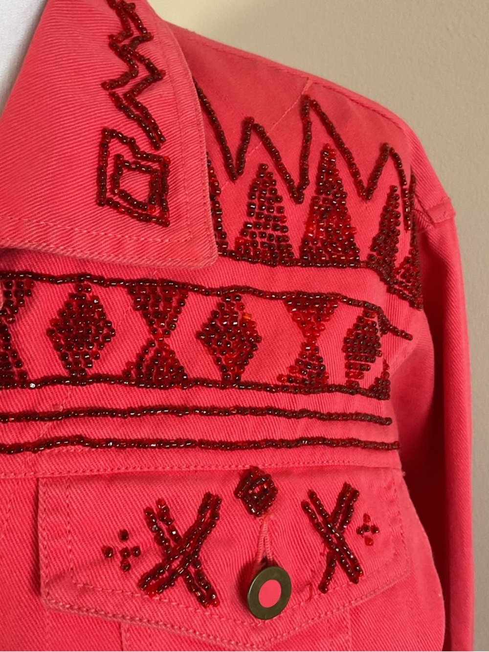 Vintage Carole Little Sport Beaded Denim Jacket Coral Pink Western Petite 2 - Picture 4 of 8